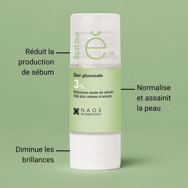 ACTIF PUR - Zinc Gluconate 3% - Brillances et Excès de Sébum - Visage, 15ml