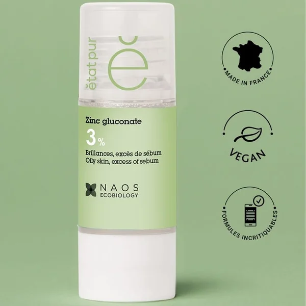 ACTIF PUR - Zinc Gluconate 3% - Brillances et Excès de Sébum - Visage, 15ml