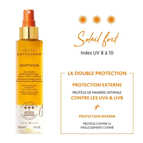 ADAPTASUN - Eau Solaire Hydra-Protectrice Soleil Fort - Visage, Corps et Cheveux - Tous Types de Peaux, 150ml