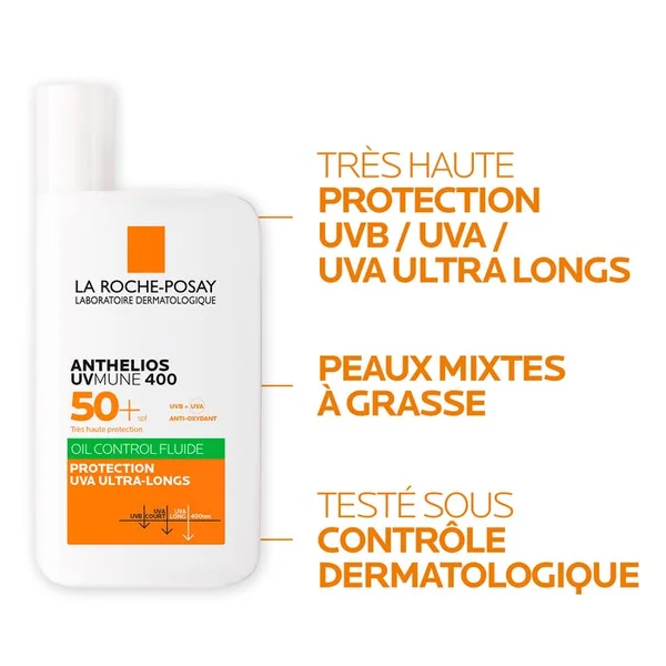 ANTHELIOS UVMUNE 400 - SPF50+ Fluide Solaire Visage Matifiant Avec Parfum, Peaux Mixtes à Grasses, 50ml