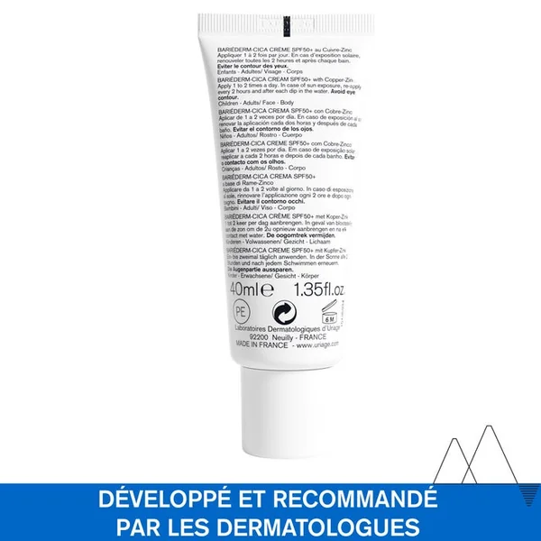 BARIÉDERM-CICA - Crème Protectrice au Cuivre-Zinc SPF50+ - Visage et Corps - Peaux Fragilisées et Irritées, 40ml
