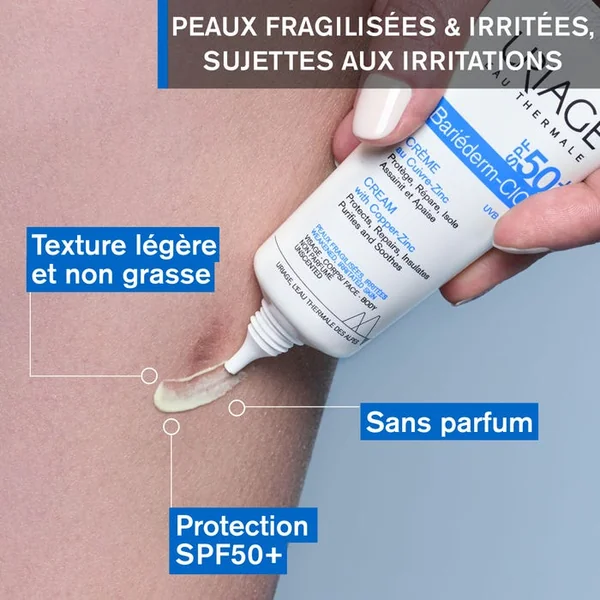 BARIÉDERM-CICA - Crème Protectrice au Cuivre-Zinc SPF50+ - Visage et Corps - Peaux Fragilisées et Irritées, 40ml