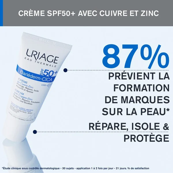 BARIÉDERM-CICA - Crème Protectrice au Cuivre-Zinc SPF50+ - Visage et Corps - Peaux Fragilisées et Irritées, 40ml