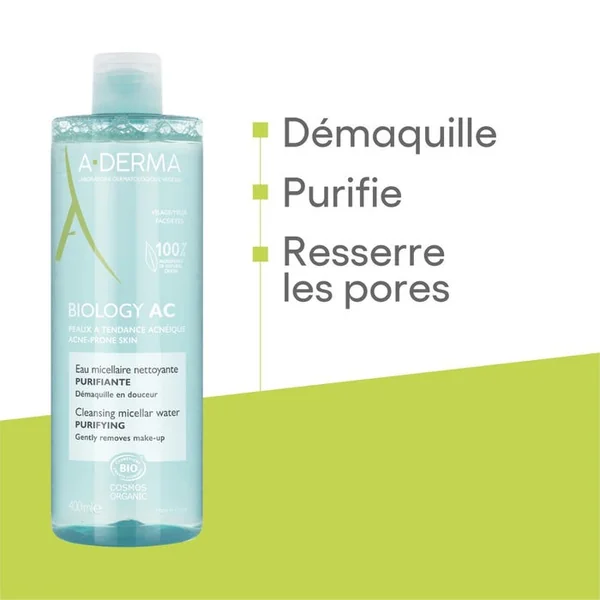 BIOLOGY AC - Eau Micellaire Nettoyante Purifiante Bio - Visage et Yeux - Peaux à Tendance Acnéique, 400ml