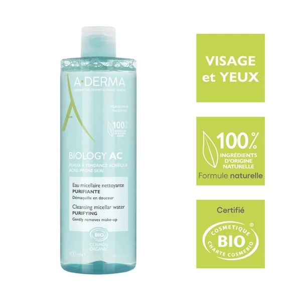 BIOLOGY AC - Eau Micellaire Nettoyante Purifiante Bio - Visage et Yeux - Peaux à Tendance Acnéique, 400ml