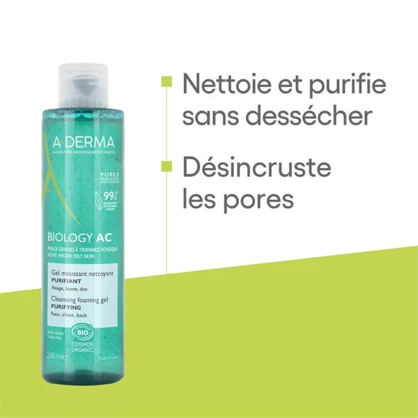 BIOLOGY AC - Gel Moussant Nettoyant Purifiant Bio - Visage, Buste et Dos - Peaux Grasses à Tendance Acnéique, 200ml