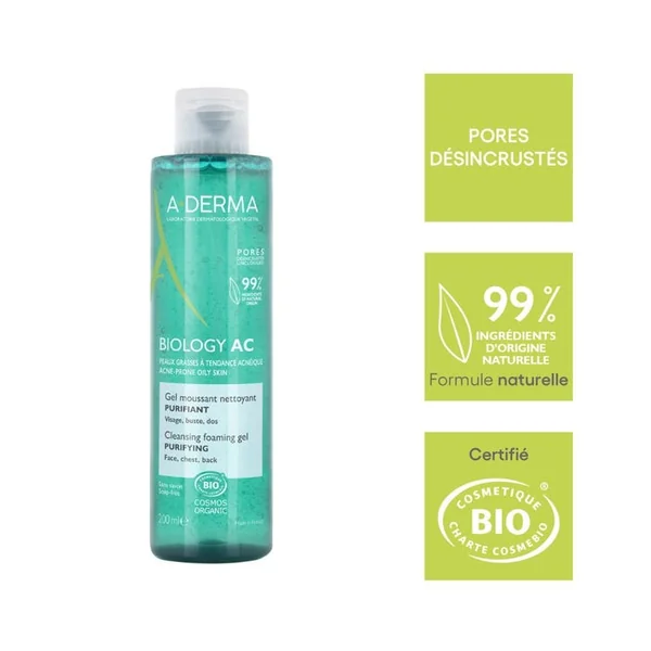 BIOLOGY AC - Gel Moussant Nettoyant Purifiant Bio - Visage, Buste et Dos - Peaux Grasses à Tendance Acnéique, 200ml