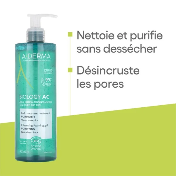 BIOLOGY AC - Gel Moussant Nettoyant Purifiant Bio - Visage, Buste et Dos - Peaux Grasses à Tendance Acnéique, 400ml
