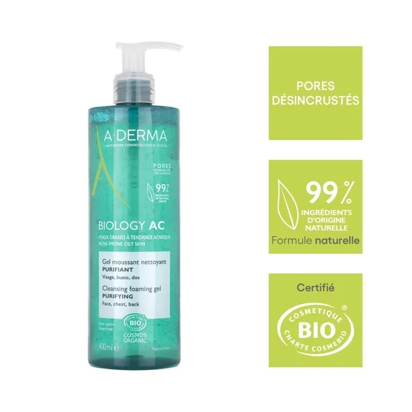 BIOLOGY AC - Gel Moussant Nettoyant Purifiant Bio - Visage, Buste et Dos - Peaux Grasses à Tendance Acnéique, 400ml