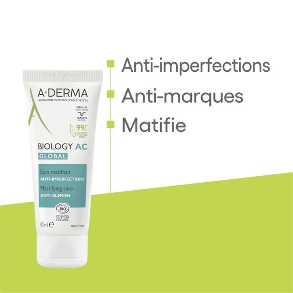BIOLOGY AC GLOBAL - Soin Matifiant Anti-Imperfections Bio - Visage et Dos - Peaux Grasses à Tendance Acnéique, 40ml