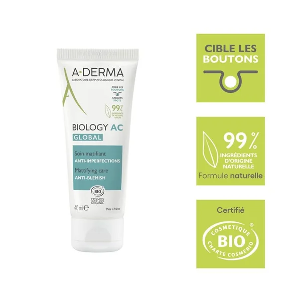 BIOLOGY AC GLOBAL - Soin Matifiant Anti-Imperfections Bio - Visage et Dos - Peaux Grasses à Tendance Acnéique, 40ml