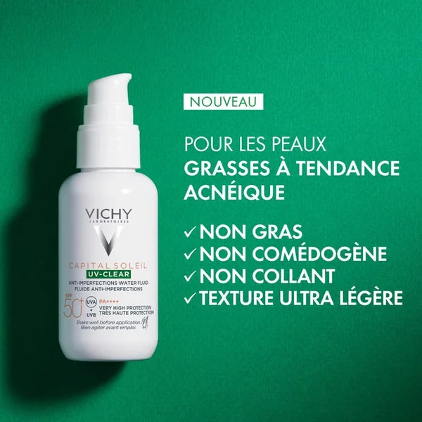 CAPITAL SOLEIL UV-CLEAR - SPF50+ Fluide Solaire Anti-Imperfections, Peau Grasse ou Tendance Acnéique, 40ml