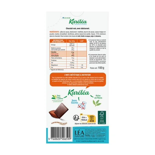 Chocolat noir 72% cacao sans sucres