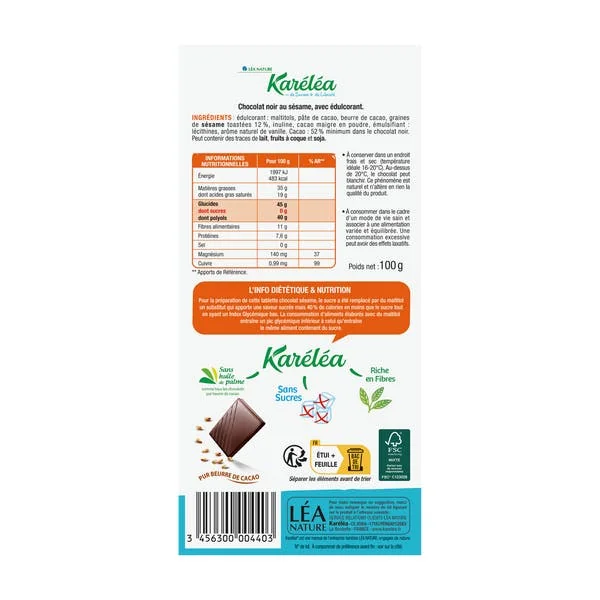 Chocolat Noir Sésame sans sucres