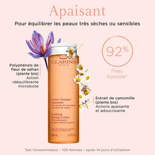 Clarins - Lotion Tonique Apaisante Aux extraits de camomille et fleur de safran - Peaux très sèches ou sensibles