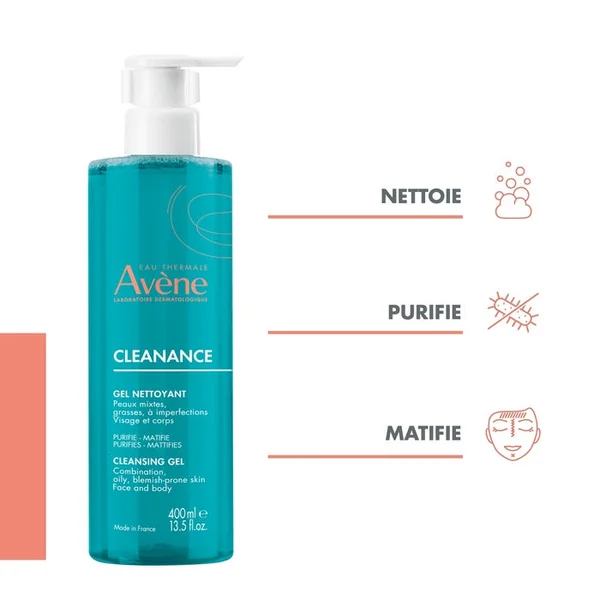 CLEANANCE - Gel Nettoyant Purifiant - Visage et Dos - Peaux Grasses à Imperfections, 2x400ml