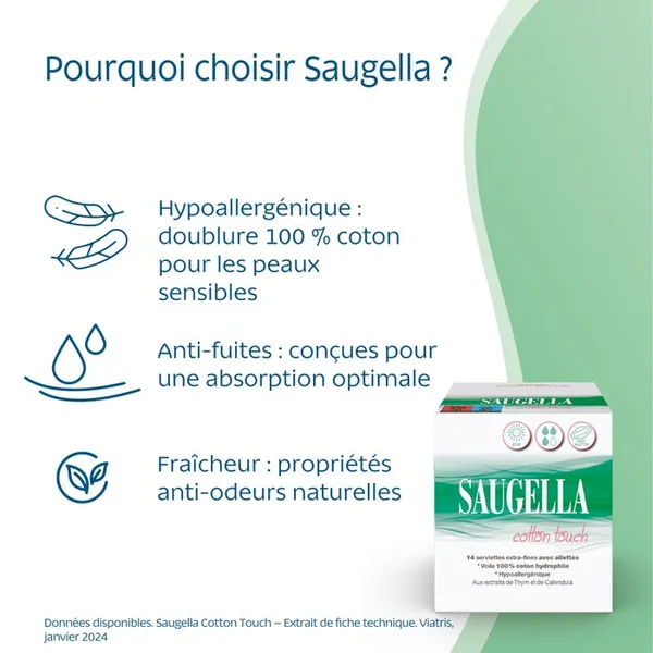 COTTON TOUCH - Serviettes Hygiéniques Extra Fines avec Ailettes - Jour, 2x14 Serviettes