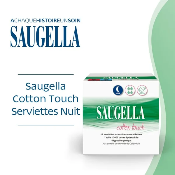 COTTON TOUCH - Serviettes Hygiéniques Extra Fines avec Ailettes - Nuit, 2x12 Serviettes