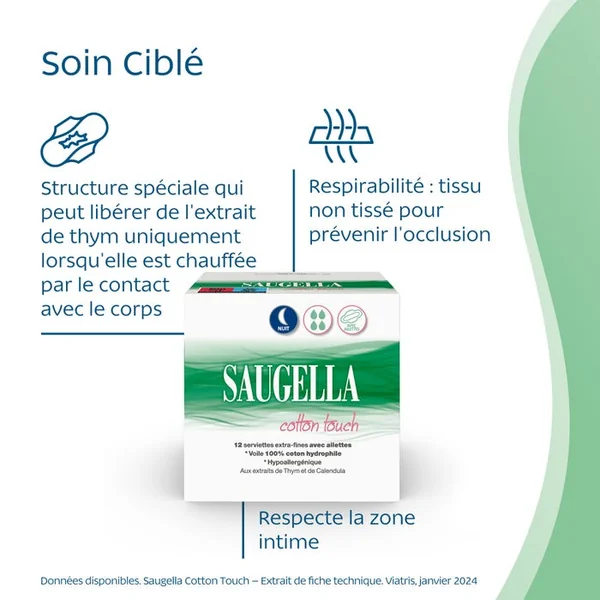 COTTON TOUCH - Serviettes Hygiéniques Extra Fines avec Ailettes - Nuit, 2x12 Serviettes