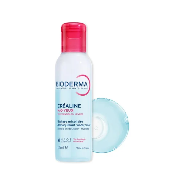 CREALINE H2O YEUX - Biphase Micellaire Démaquillant Waterproof - Yeux Sensibles et Lèvres, 125ml