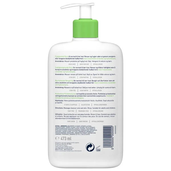 Crème Lavante Hydratante Visage et Corps Pour les Peaux Normales à Sèches, 473ml