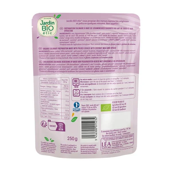 Dahl de lentilles corail et pois cassés bio Source de fibres et protéines