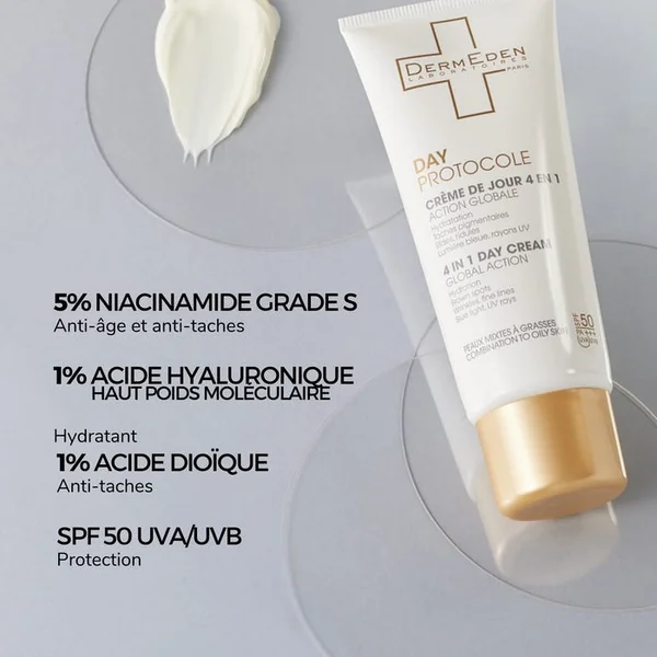 DAY PROTOCOLE - Crème de Jour 4 en 1 Anti-ge SPF50 - Peaux Mixtes à Grasses, 50ml