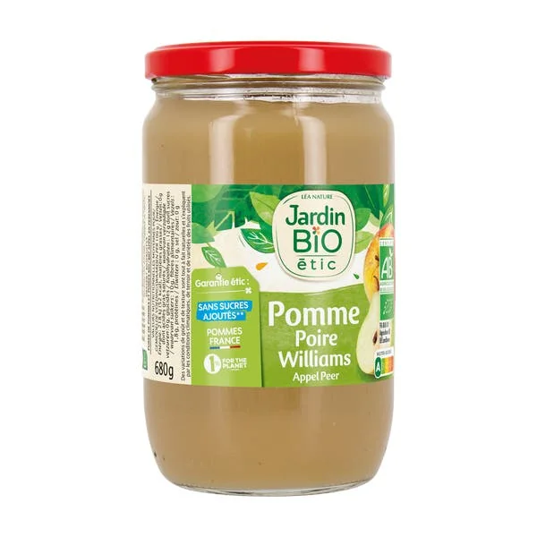 Dessert compote bio pomme de France poire williams