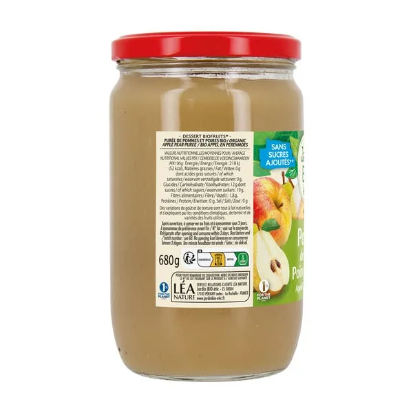 Dessert compote bio pomme de France poire williams