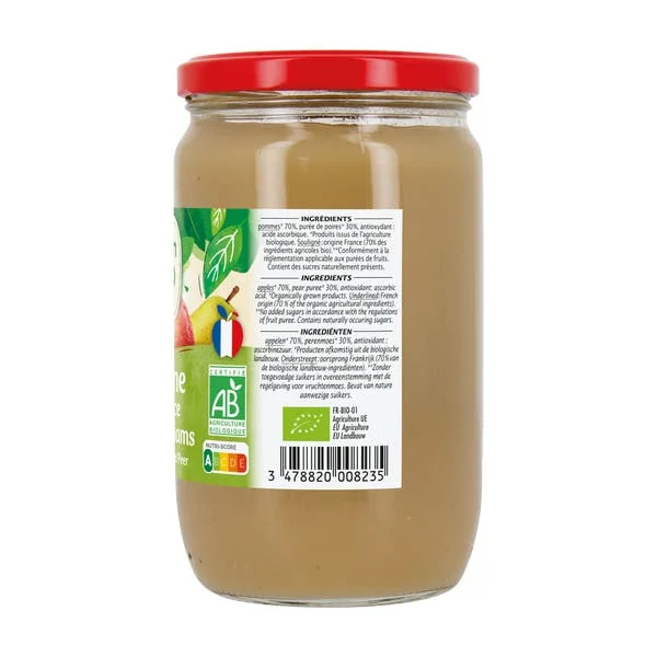 Dessert compote bio pomme de France poire williams