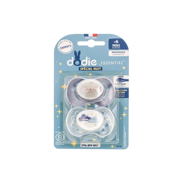 Dodie 2 Sucettes Anatomiques Silicone Nuit 6 Mois et + - Modèle : Doux Rêves et Lapin
