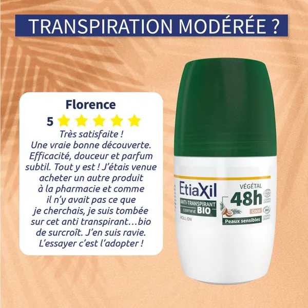 Déodorant Anti-transpirant Végétal 48h Bio - Transpiration Modérée - Parfum Coco - Roll On, 2x50ml