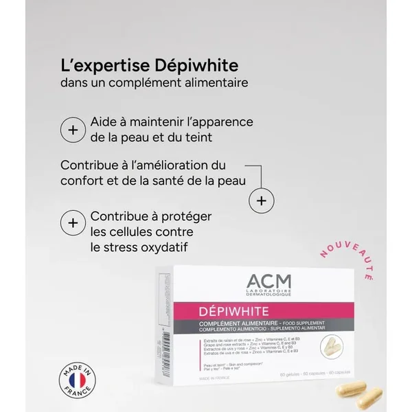 DÉPIWHITE - Complément Alimentaire - Peau et Teint, 60 Gélules