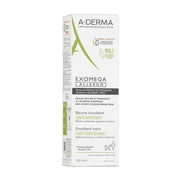 EXOMEGA ALLERGO - Baume Emollient Anti-Grattage - Visage et Corps - Peaux Sèches à Tendance à l'Eczéma Atopique, 200ml