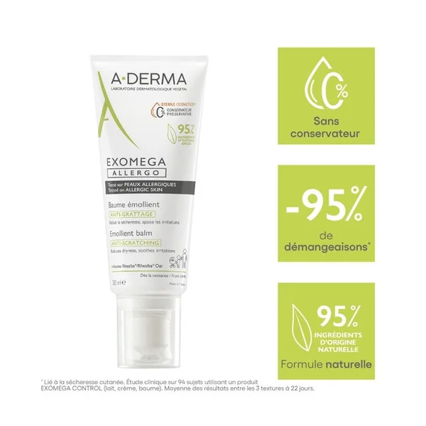 EXOMEGA ALLERGO - Baume Emollient Anti-Grattage - Visage et Corps - Peaux Sèches à Tendance à l'Eczéma Atopique, 200ml