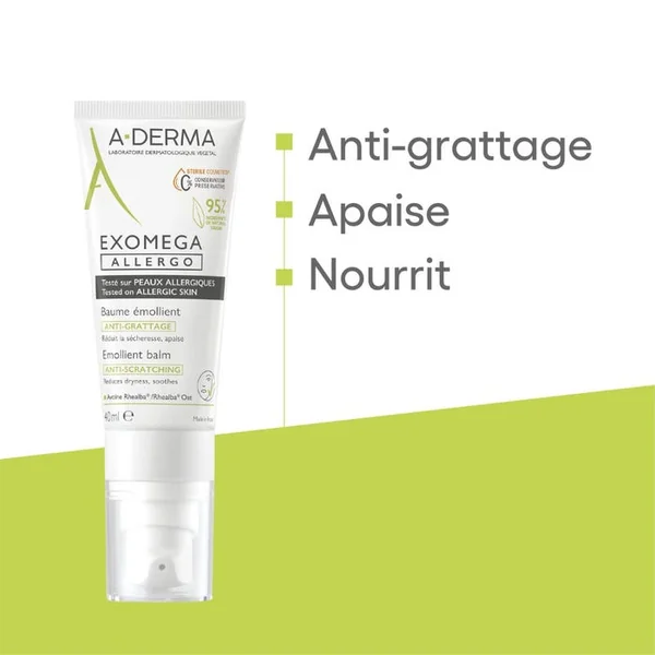 EXOMEGA ALLERGO - Baume Emollient Anti-Grattage - Visage et Corps - Peaux Sèches à Tendance à l'Eczéma Atopique, 40ml