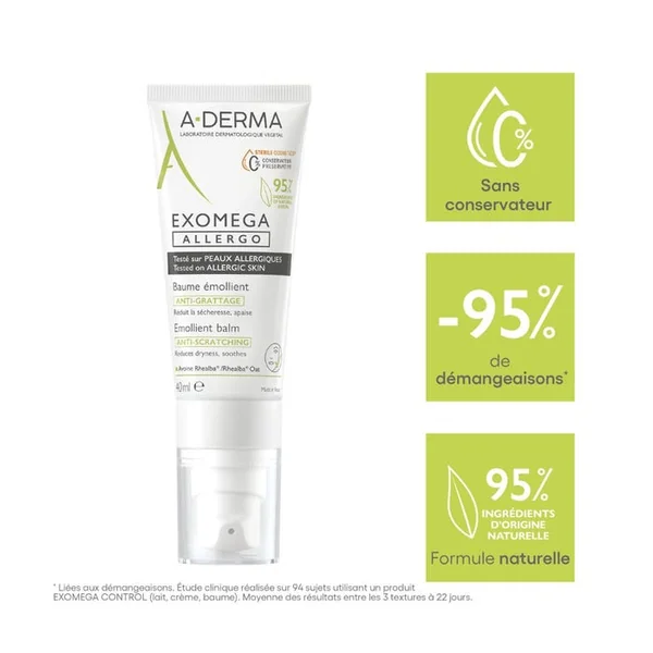 EXOMEGA ALLERGO - Baume Emollient Anti-Grattage - Visage et Corps - Peaux Sèches à Tendance à l'Eczéma Atopique, 40ml