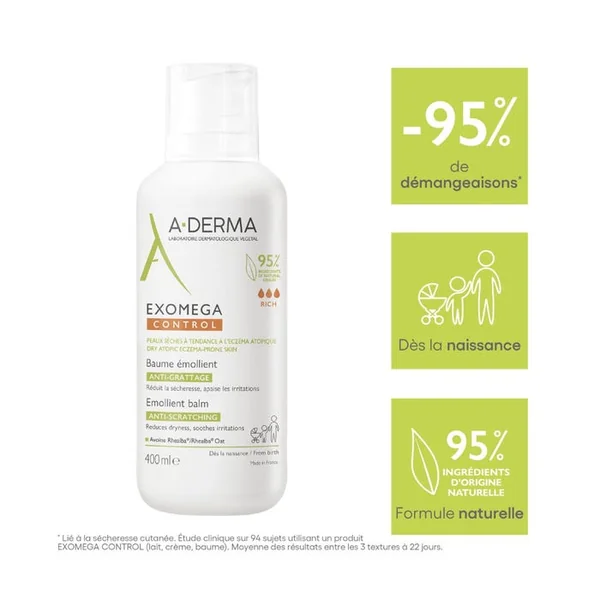 EXOMEGA CONTROL - Baume Émollient Anti-Grattage - Visage et Corps - Peaux Sèches à Tendance Atopique, 400ml