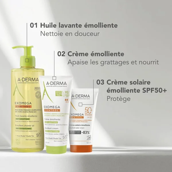 EXOMEGA CONTROL - Crème Solaire Émolliente Anti-Grattage SPF50+ - Visage et Corps - Peaux Sèches à Tendance Atopique, 150ml