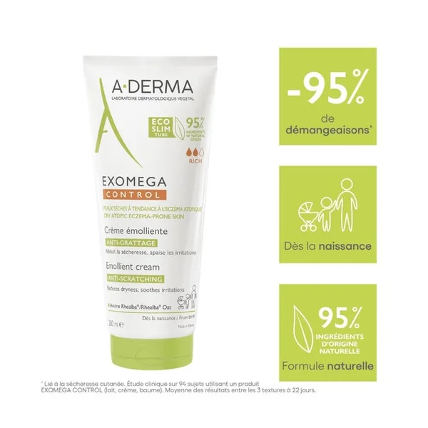 EXOMEGA CONTROL - Crème Émolliente Anti-Grattage - Visage et Corps - Peaux Sèches à Tendance Atopique, 200ml