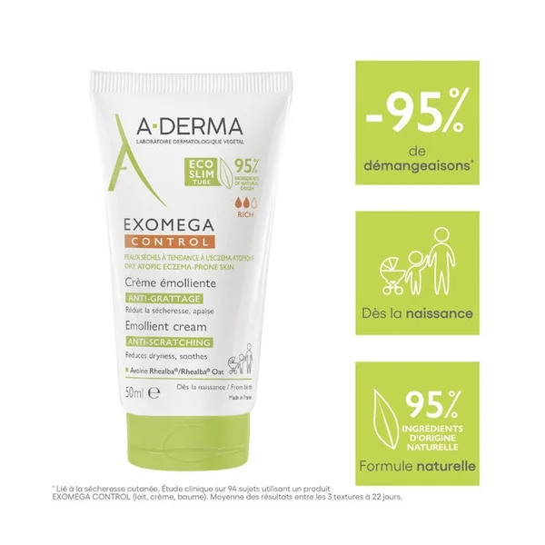 EXOMEGA CONTROL - Crème Émolliente Anti-Grattage - Visage et Corps - Peaux Sèches à Tendance Atopique, 50ml