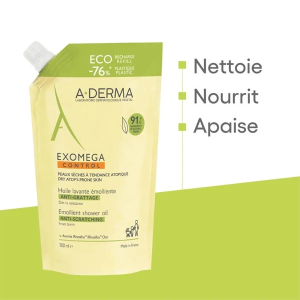 EXOMEGA CONTROL - Eco Recharge Huile Lavante Émolliente Anti-Grattage - Visage et Corps - Peaux Sèches à Tendance Atopique, 500ml
