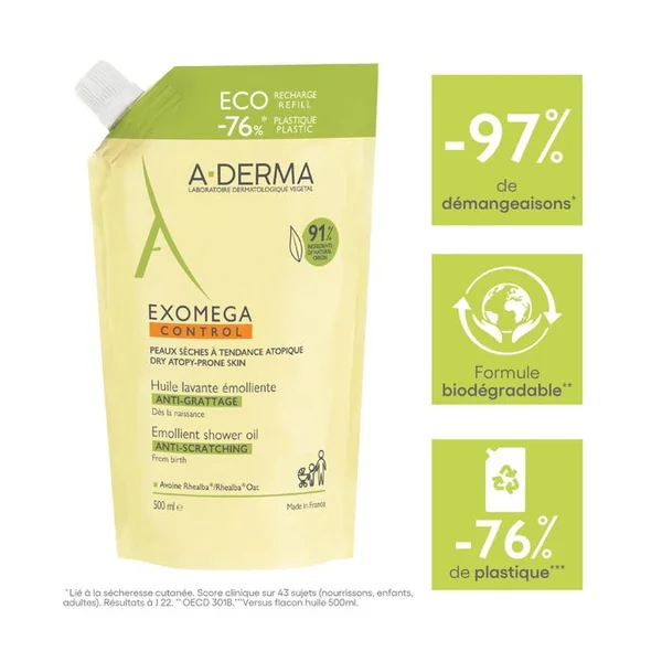 EXOMEGA CONTROL - Eco Recharge Huile Lavante Émolliente Anti-Grattage - Visage et Corps - Peaux Sèches à Tendance Atopique, 500ml