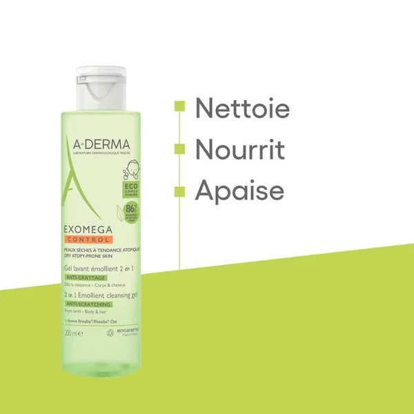 EXOMEGA CONTROL - Gel Lavant Émollient 2 en 1 Anti-Grattage Bébé - Visage Corps et Cheveux - Peaux Sèches à Tendance Atopique, 200ml