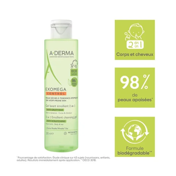 EXOMEGA CONTROL - Gel Lavant Émollient 2 en 1 Anti-Grattage Bébé - Visage Corps et Cheveux - Peaux Sèches à Tendance Atopique, 200ml