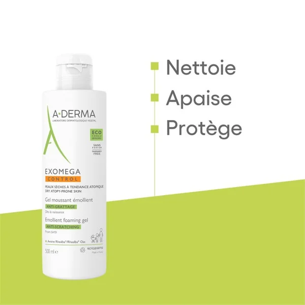 EXOMEGA CONTROL - Gel Moussant Émollient Anti-Grattage - Visage et Corps - Peaux Sèches à Tendance Atopique, 500ml