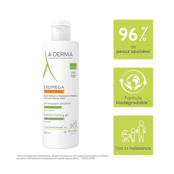 EXOMEGA CONTROL - Gel Moussant Émollient Anti-Grattage - Visage et Corps - Peaux Sèches à Tendance Atopique, 500ml