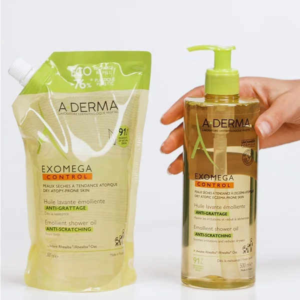 EXOMEGA CONTROL - Huile Lavante Emolliente Anti-Grattage 500ml + Eco Recharge 500ml