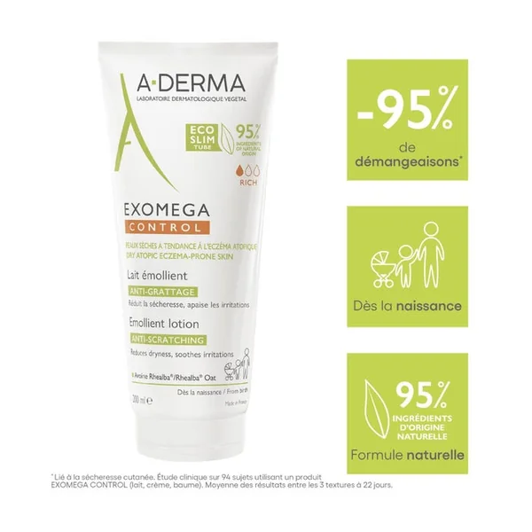 EXOMEGA CONTROL - Lait Émollient Anti-Grattage - Visage et Corps - Peaux Sèches à Tendance Atopique, 200ml