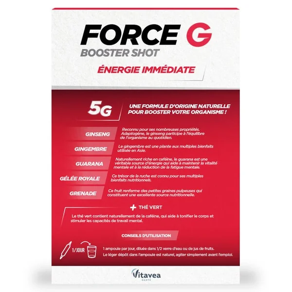 FORCE G - Booster Shot - Energie Immédiate, 15 Ampoules + 5 Offertes